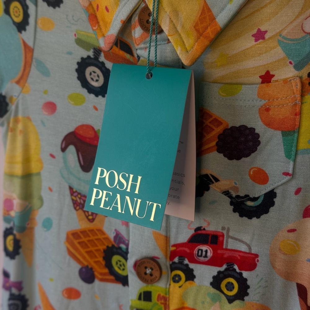 Posh Peanut Pastel Blue Monster Truck Ice Cream Henley Romper - Picture 7 of 9